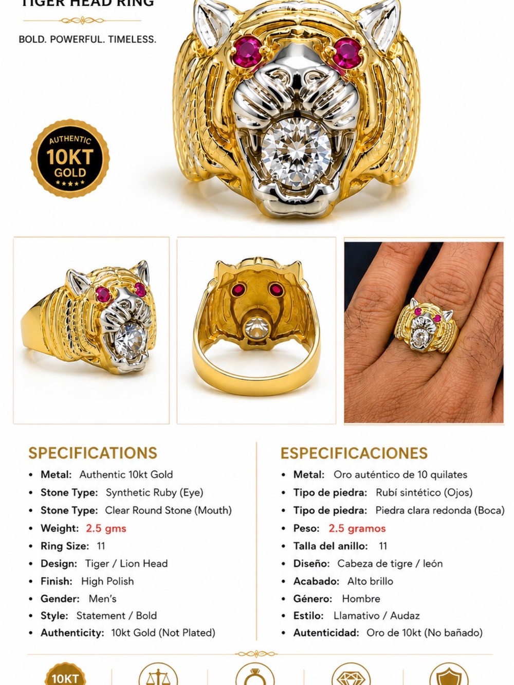 10KT Gold Tiger Head Ring with Clear Stone and Red Ruby Eyes